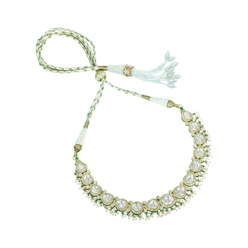 Pear-Shaped Polki Necklace with Gold Detailing and Pearls